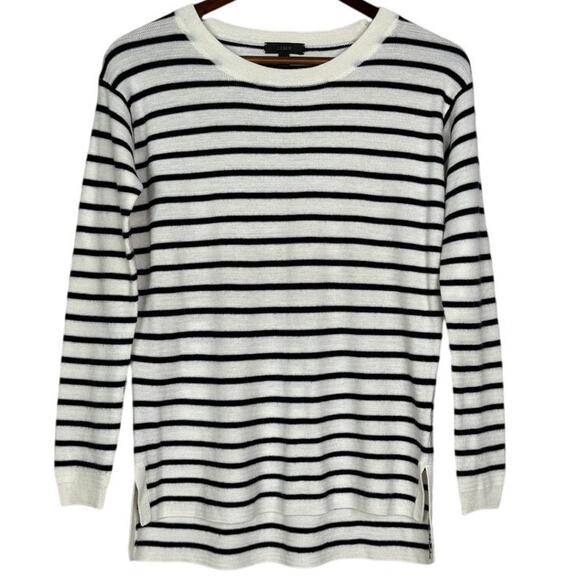 J. Crew Striped Leather Panel Wool Knit Long Sleeve Sweater XS Black Cream #4247 - Picture 2 of 15